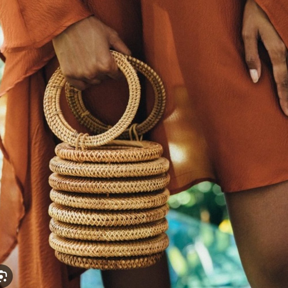 cult gaia tan woven round mini bag